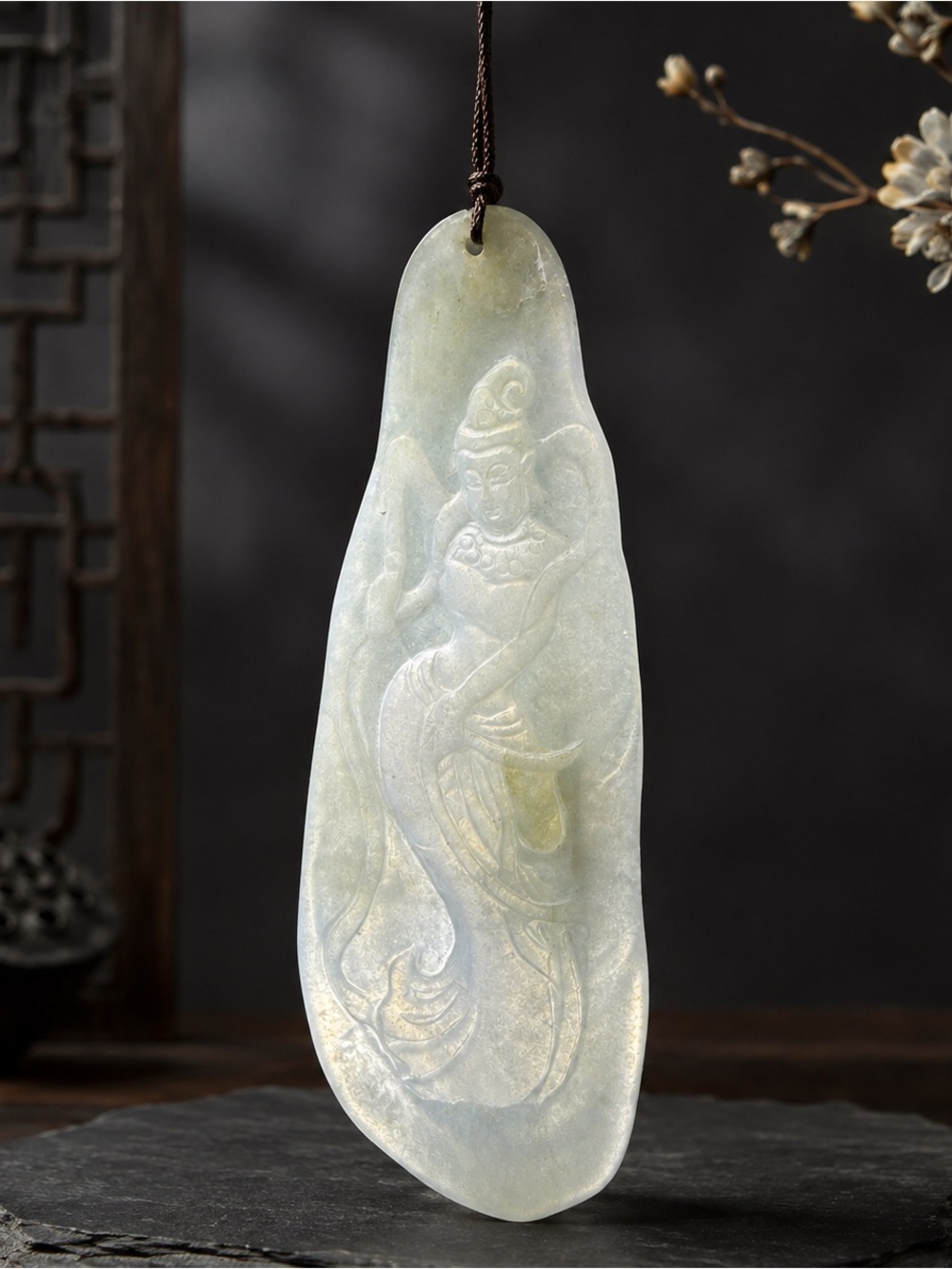 Type A Burmese Glutinous Ice White Jadeite Jade Celestial Maiden Pendant w/ Cert